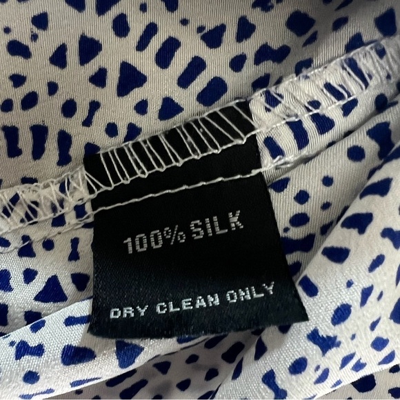 Lauren Gold 100% Silk White Button Down Shirt Dress Blue Geometric Print Size L - Picture 6 of 10